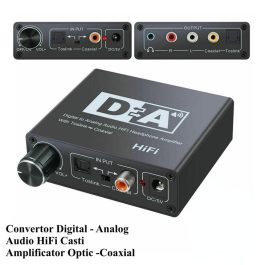 Convertor optic audio digital la analog intrare digitala toslink si coaxial RCA iesire analogica (2x RCA) si jack 3.5mm stereo cu amplificare