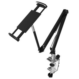 Suport tableta, telefon, e-reader pantografic ajustabil, 3 brate, cu prindere de masa, pat