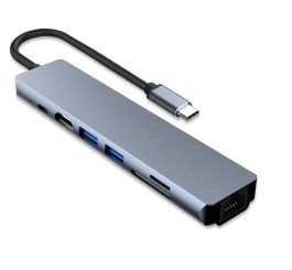 Adaptor multiport USB-C la HDMI, 2x USB3.0, USB-C cu PD, cititor SD si FT, LAN 1Gbits