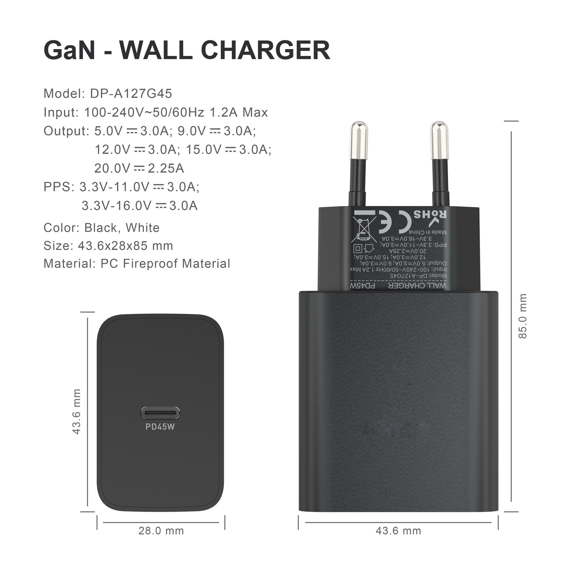 Alimentator AC cu mufa USB-C (USB3.1) PD 3.0 45W, negru (copie)