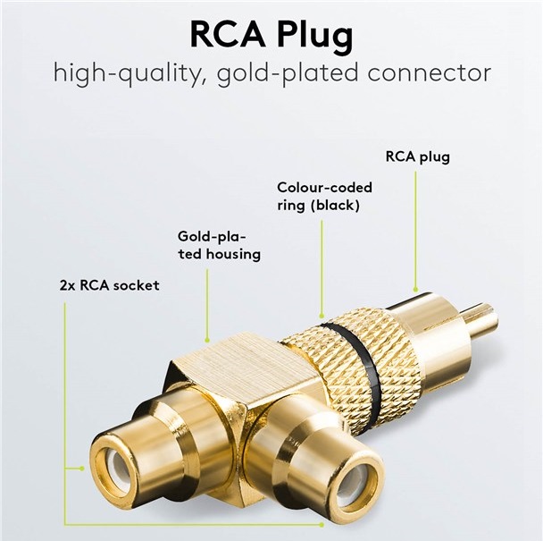 Adaptor audio RCA tata la 2 x RCA mama, metal, placat cu aur, inel negru