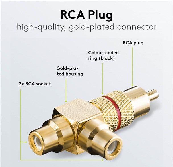 Adaptor audio RCA tata la 2 x RCA mama, metal, placat cu aur, inel rosu